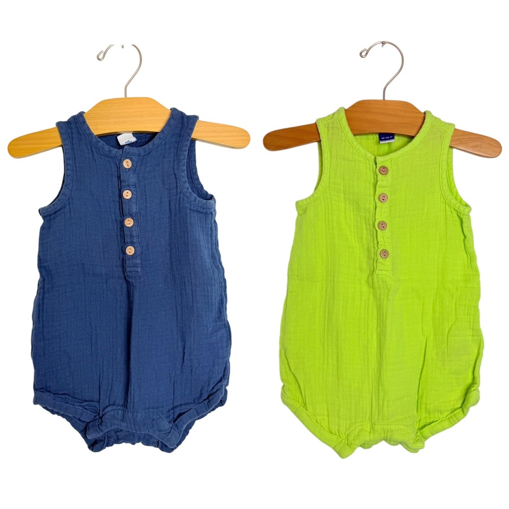 Old Navy Baby Boys Cotton Gauze Romper 2-Pack Navy Blue Lime Green 12-18M